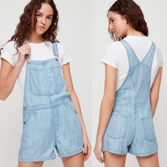 NWT Aritzia TNA Senryu Romper Shortalls Denim Overalls Size XXS Blue Chambray - Picture 1 of 11